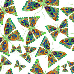 Green butterflies on a white background. Vector seamless pattern. Suitable for fabrics, Wallpaper, paper, decor element.