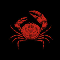 Illustration of crab in engraving style. Design element for logo, emblem, sign, poster, card, banner. Vector illustration