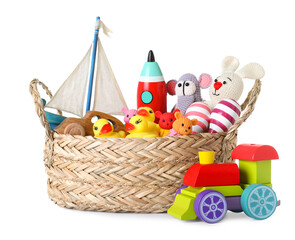 Set of different toys on white background