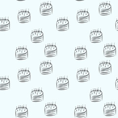 seamless pattern with cake and candles on a blue background. design of fabric, wrapping paper. banner for birthday, tablecloth, napkin design, anniversary, baby boy. vector eps 10
