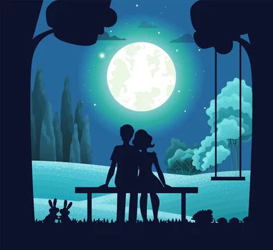 Night forest landscape, young romantic couple sitting on bench under  moonlight. Date on moonlit night. Tree with hanging swing, pair of hares.  Deciduous forest, bushes background. Bright round moon Stock Vector |