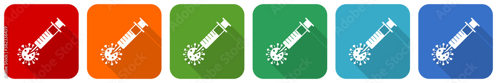 Aufkleber coronavirus vaccine, injection icon set, flat design vector illustration in 6 colors options for web