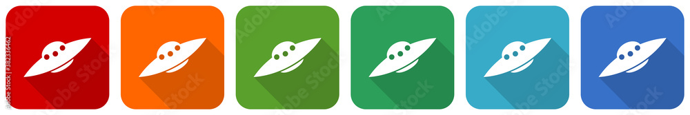 Aufkleber Ufo, alien spaceship icon set, flat design vector illustration in 6 colors options for webdesign and mobile applications