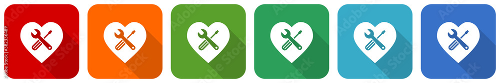 Poster Tools in heart shape icon set, flat design vector illustration in 6 colors options for webdesign and mobile applications