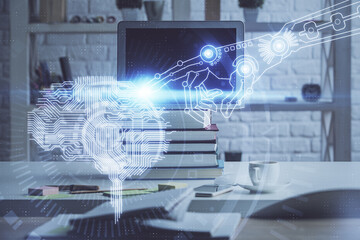 Double exposure of work space with computer and human brain drawing hologram. Brainstorm concept.