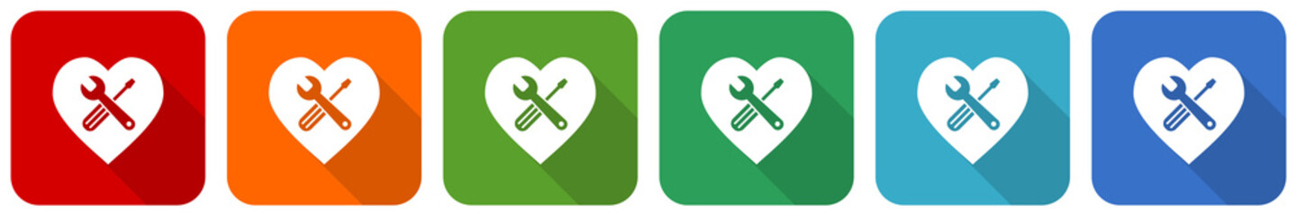 Tools in heart shape icon set, flat design vector illustration in 6 colors options for webdesign and mobile applications