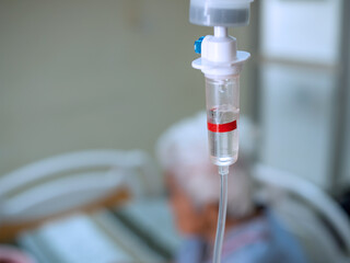 Close up saline solution drip for patient in hospital. Health and medical equipment.