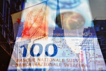 Schweizer Bankenplatz Zürich - 100 Schweizer Franken Note Serie 9 2020 im Hintergrund das zürcher...