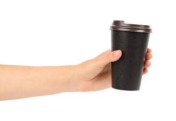 Woman holding takeaway paper coffee cup on white background, closeup