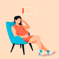 Tired pregnant woman sitting in chair flat cartoon illustration. Health pregnancy, hormones, depression, suffering, waiting for baby