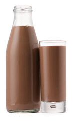 Glass bottle of chocolate milk isolated on white