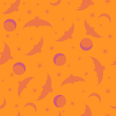 Bats, moon, stars on a purple background. Ideas for Halloween. Seasonal seamless pattern. For fabric, textile and background. Vector illustration.