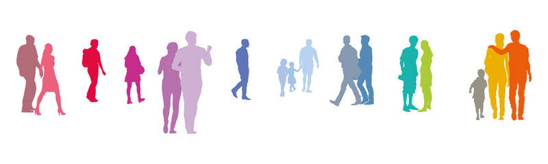 Viele Menschen, kleine Gruppen laufen mit Abstand, Leute in der Stadt, Kontaktverbote, Kontakteinschränkung, Hygienekonzepte für die Corona Pandemie, AHA Regeln beachten, Vektor, isoliert