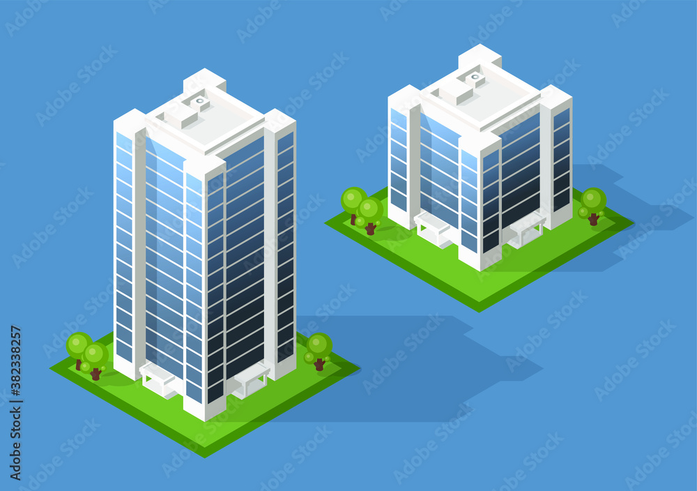Aufkleber isometric high quality city building with shadows on background . isolated vector elements