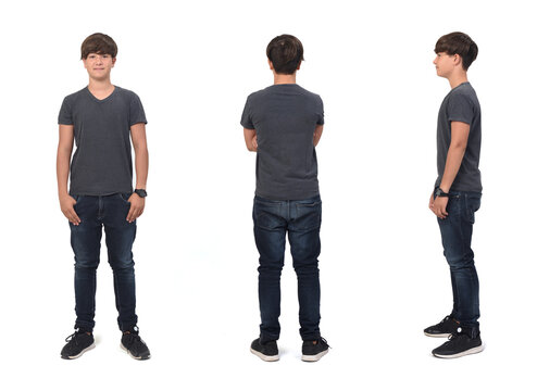 front,side and back view of same teenage boy with on white background