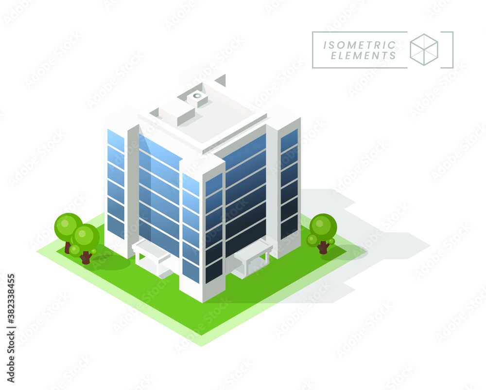 Poster isometric high quality city building with shadows on background . isolated vector elements