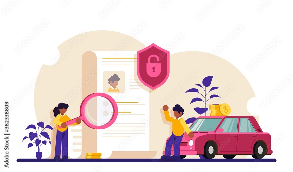 Poster document checking concept. characters make a deal agreement. people with a document are standing nea