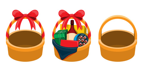 vector illustration of cute Christmas wicker gift basket isolated on white background.