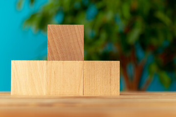 Wooden blocks on desk against blurred plant background