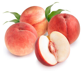 Peach fruit with leaf isolated on white background, Fresh White Peach on White Background (With clipping path)