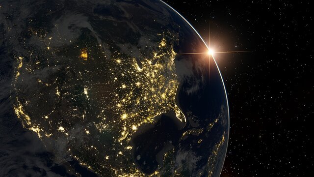 realistic united states of america from space, night usa from space, east coast of the usa from space 3d render