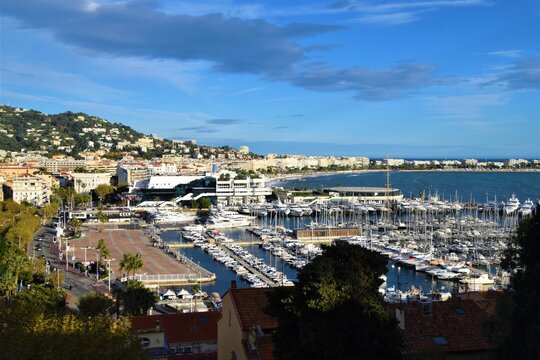 Panoramic aerial view of the Old Port, La Croisette, beach, coast and city, Cannes, South of France