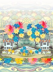 Fabulous landscape with blooming spring trees and beautiful houses against the backdrop of hills. Print for fabric, wallpaper, bed linen.