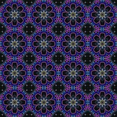 A magical pattern of delicate small flowers with black petals on an ornamental purple-pink background. Wonderful pattern for silk fabric.