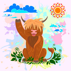 Funny cartoon Scottish long-haired bull sitting on the grass. Bull against the background of multi-colored spots and clouds. Design of packaging, children's clothing, bags, notebooks and notebooks