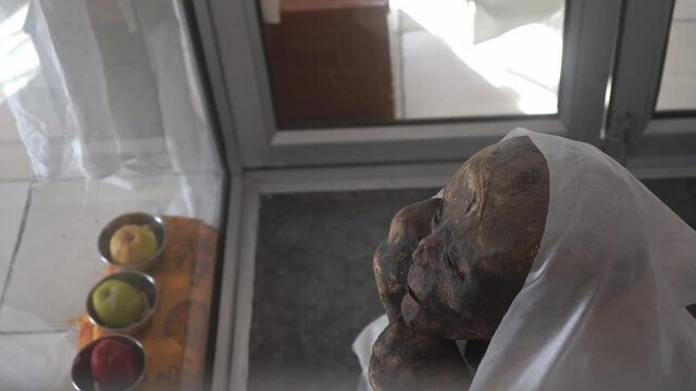 Gue Mummy - 500-year-old Mummy Of A Buddhist Monk Inside A Glass Cabin In Gue Monastery, Spiti Valley, Himachal Pradesh, India - high angle shot