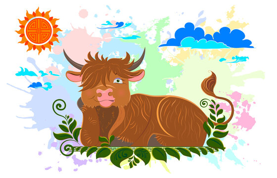 A cartoon bull lies on the grass. Scottish long-haired bull against a background of multicolored spots and clouds. Design of clothes, notebooks, notebooks, bags and packaging