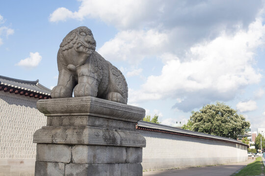 Stone Statue of Haetae and Gwanghwamun Gate in Seoul, Korea.