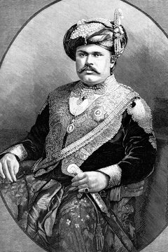 Indian Maharaja Rawul or Raol Takhtsinhji Jaswantsinhji. Thakur Sahib of Bhavnagar. 1858-1896. Antique illustration. 1886.