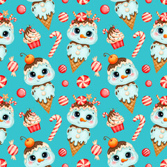 Cute cartoon Christmas seamless pattern. Christmas ice cream snowman and candies on blue background.