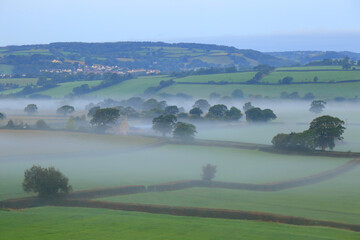 Farmland in Axe Valley, Devon on the misty morning