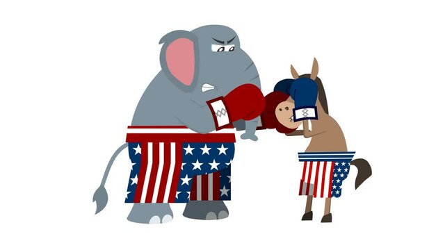 Republican Еlephant Аnd Democrat Donkey Is Boxing.  4K Animation Video Motion Graphics With White Background