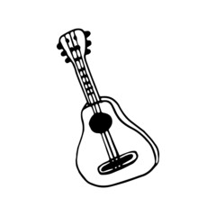 Naklejka premium Vector doodle guitar icon. Element for stickers, poster, print, logo, postcards, flyers, travel blog icon or music instruments shop. Outdoor activities. Playing music near campfire. Music icon.Camping