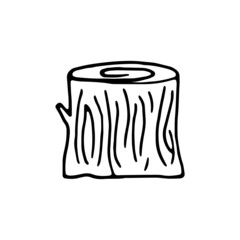 Vector doodle forest stump icon. Hand drawn element isolated on white for stickers, poster, prints or seasonal design. Tree stump. Dendrology symbol in cartoon linear style. Firewood for camp barbecue