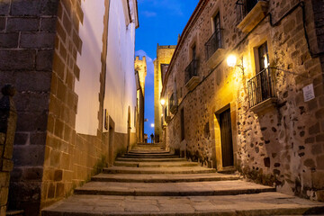 Fototapeta na wymiar Beautiful narrow street at night, in Caceres town, Extremadura, Spain.
