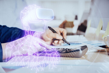 Abstract man wearing augmented reality headsets computer science work. AR concept. Double exposure.