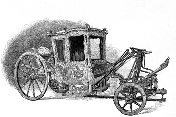 Historic England carriage. Darnley's Gala float, early 18th century. Museum of South Kensington. Antique illustration. 1886.