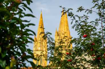 Truro cathedral spires in the evening sun