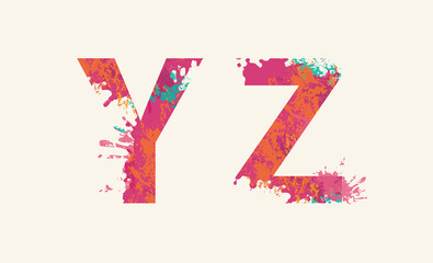 Alphabet, Letters Y Z with colorful ink blots, abstract color splashes, colored paint spray. Vector watercolor font, isolated on a light background