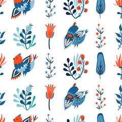 Fototapeta premium Vector seamless pattern with blue birds and flowers. Folk style. Folklore ornamental art. Decorative ornament. Illustration isolated on white background. For wrapping, wallpaper, textile, scrapbooking