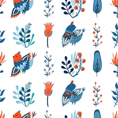 Fototapete Schmetterlinge Vektornahtloses Muster mit blauen Vögeln und Blumen. Volkstümlicher Stil. Folklore-Ornamentik. Dekorative Verzierung. Abbildung isoliert auf weißem Hintergrund. Für Verpackungen, Tapeten, Textilien, Scrapbooking