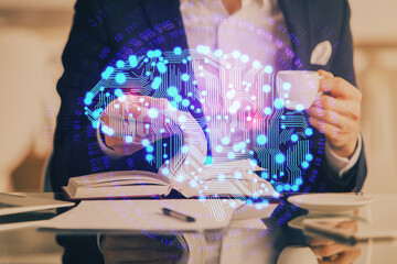 Brain multi exposure icon with man hands background.