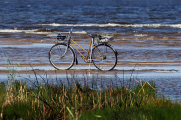 Seascape with bicycle on ski pole