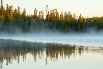 Morning sunrise with fog  by the lake in northern taiga forest in Northern Finland, Europe