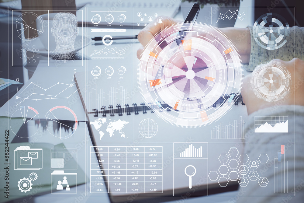 Poster Double exposure of writing hand on background with data solution technology hologram. Ai concept.