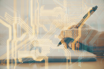 Tech theme hologram over woman's hands taking notes background. Concept of hightech. Double exposure